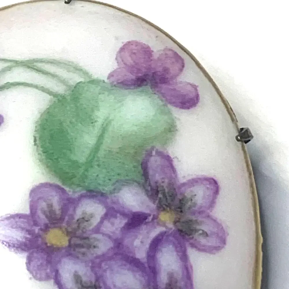 Antique Porcelain Morning Glory Brooch‎ Bezel and Prong Set